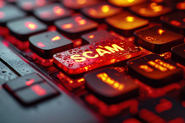 Close-up of a bright red 'SCAM' alert button on a computer keyboard